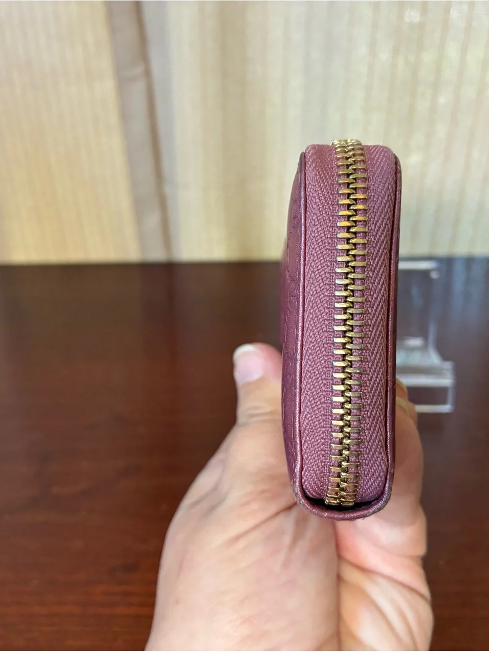 Gucci Plum GG Embossed Leather Zip Wallet with Gold Hardware